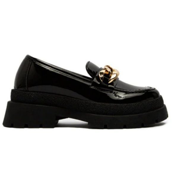 !! NEW !! Black Patent Chunky Heel Platform Loafers with Chain Detail - Picture 5 of 5